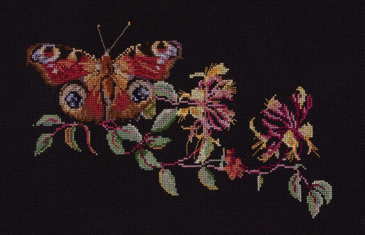 Thea Gouverneur - Counted Cross Stitch Kit - Butterfly-Honeysuckle - Aida Black - 18 count - 439.05 - Thea Gouverneur Since 1959