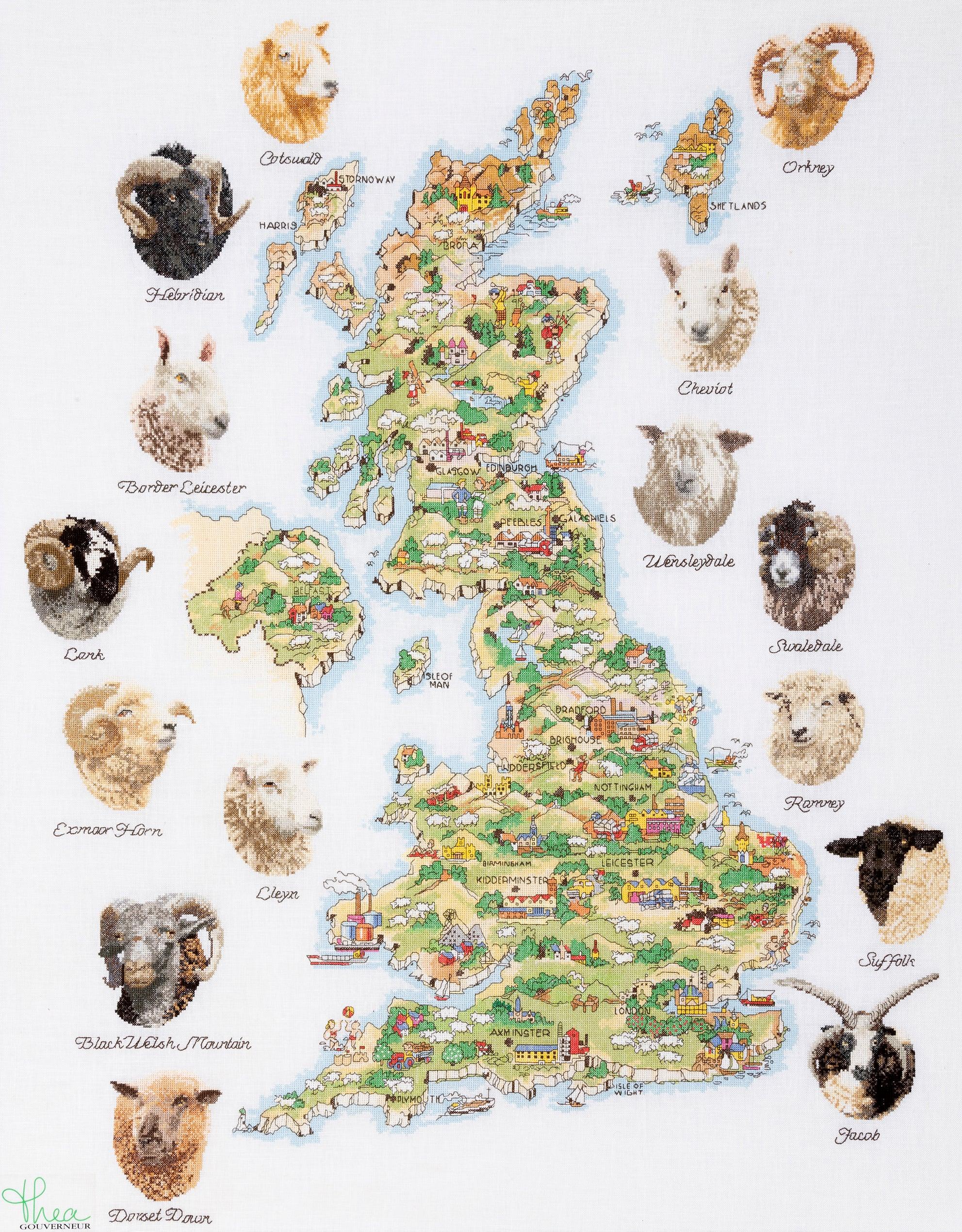 Thea Gouverneur - Counted Cross Stitch Kit - Sheep Map Of Great Britain - Linen - 36 count - 1076 - Thea Gouverneur Since 1959