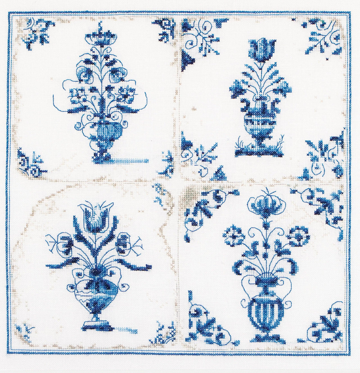 Thea Gouverneur - Counted Cross Stitch Kit - Antique Tiles Flower Vases - Linen - 36 count - 483 - Thea Gouverneur Since 1959