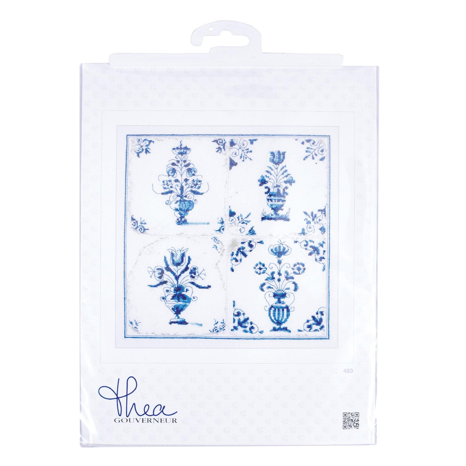 Thea Gouverneur - Counted Cross Stitch Kit - Antique Tiles Flower Vases - Linen - 36 count - 483 - Thea Gouverneur Since 1959