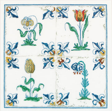 Thea Gouverneur - Counted Cross Stitch Kit - Antique Tiles Flowers - Aida - 18 count - 485A - Thea Gouverneur Since 1959