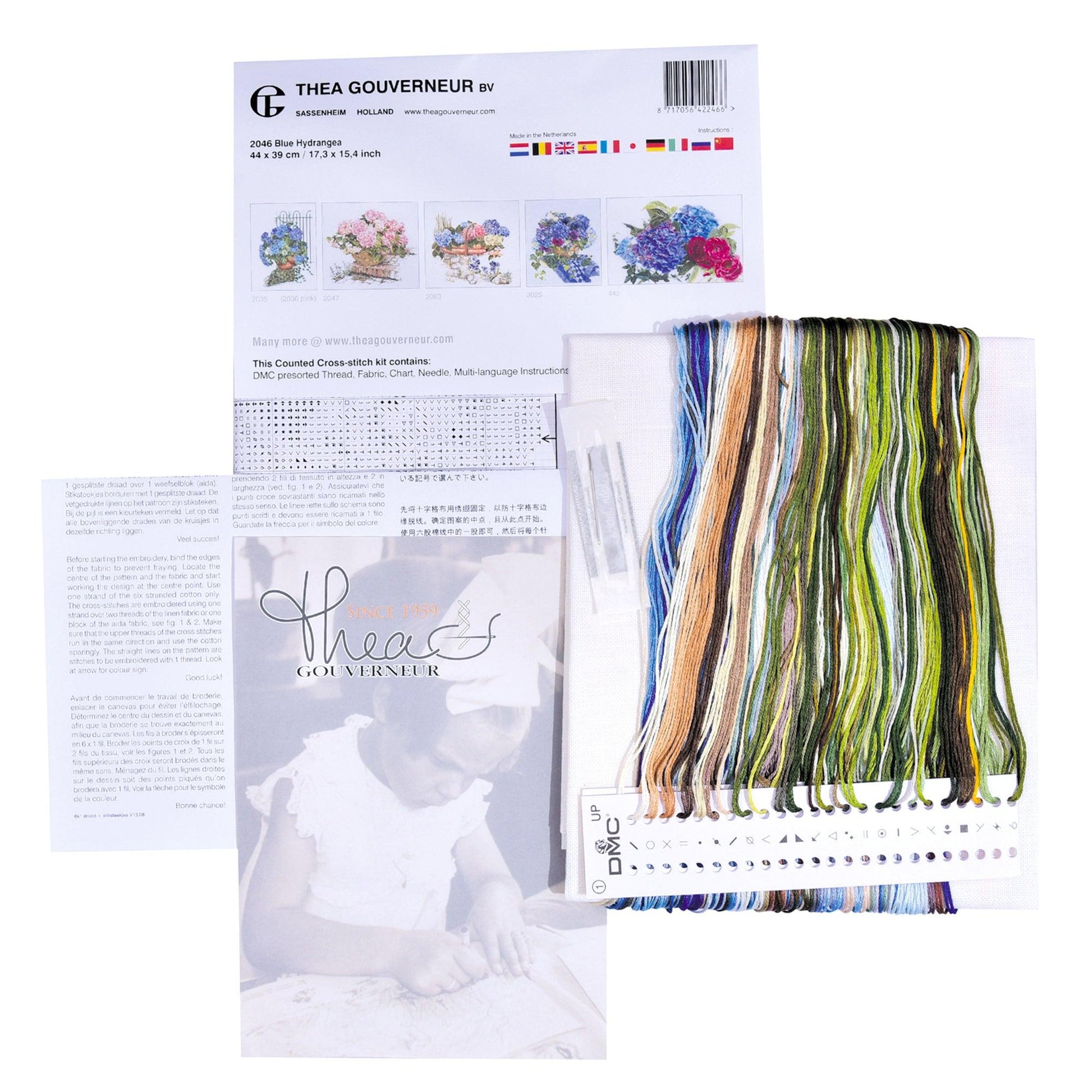 Thea Gouverneur - Counted Cross Stitch Kit - Blue Hydrangea - Linen - 32 count - 2046 - Thea Gouverneur Since 1959