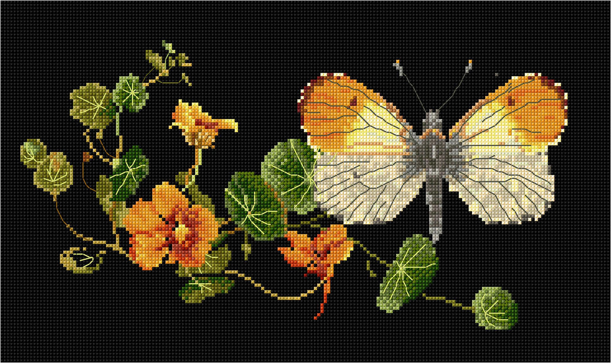 Thea Gouverneur - Counted Cross Stitch Kit - Butterfly-Nasturtium - Aida Black - 18 count - 437.05 - Thea Gouverneur Since 1959