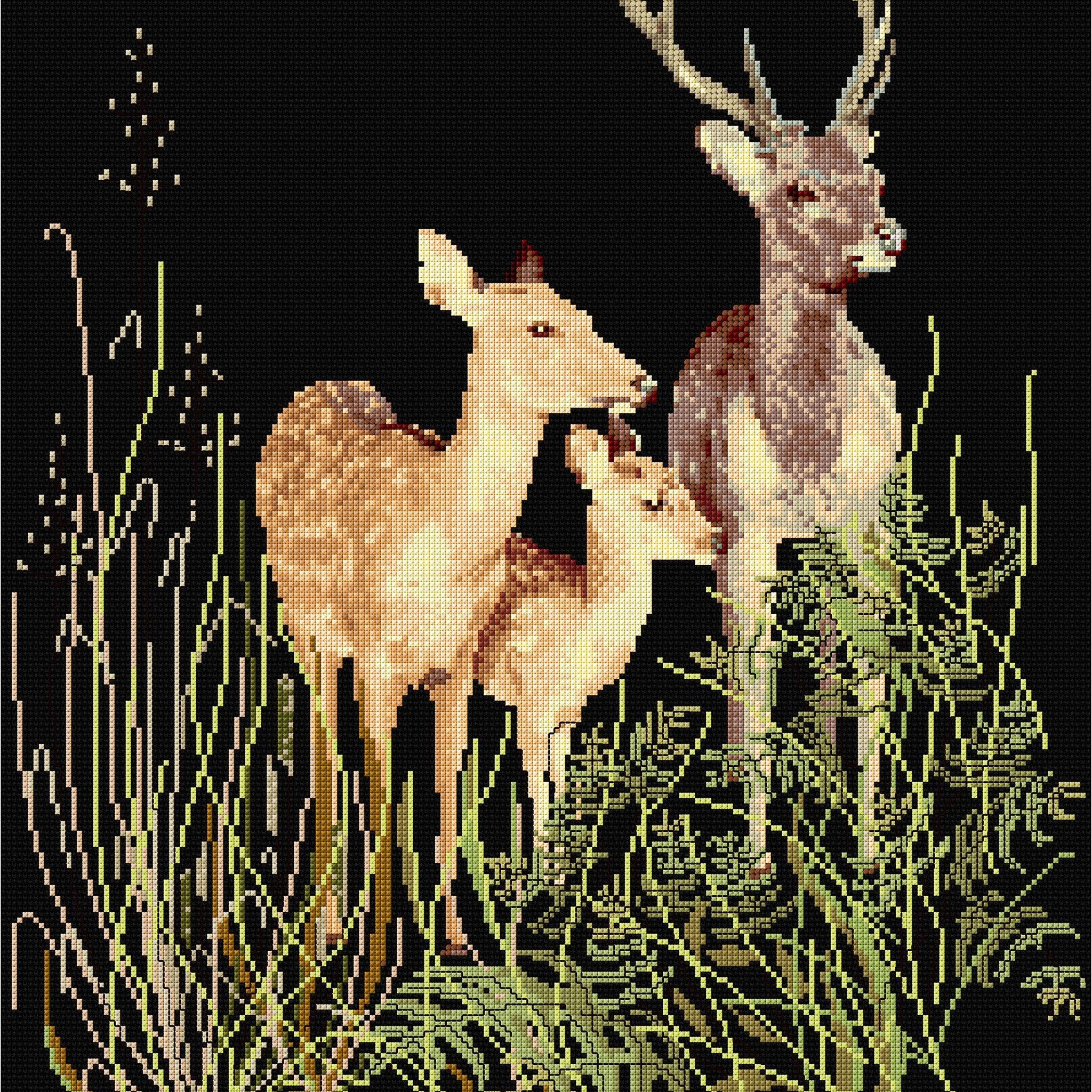 Thea Gouverneur - Counted Cross Stitch Kit - Deer Family - Aida Black - 18 count - 938.05 - Thea Gouverneur Since 1959