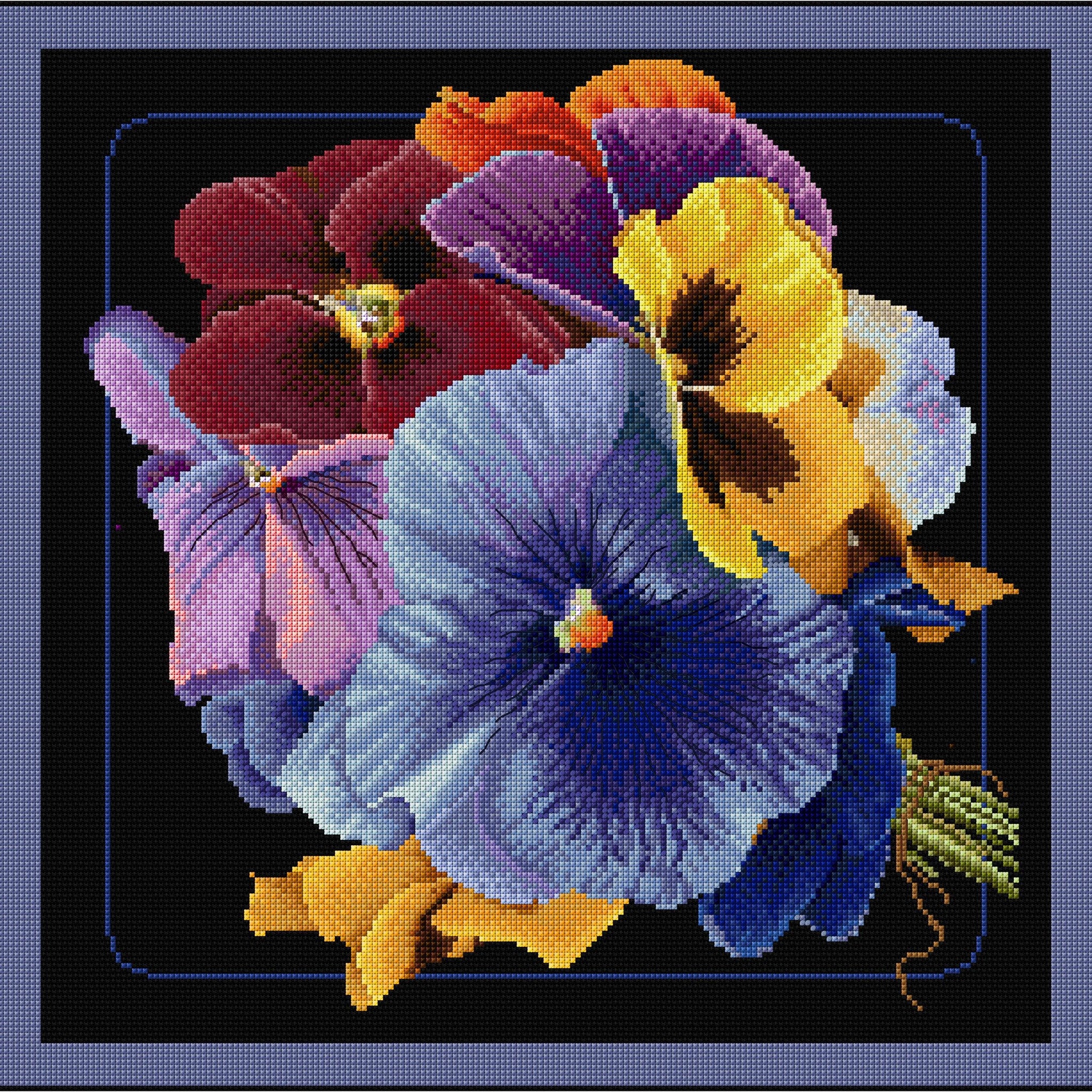 Thea Gouverneur - Counted Cross Stitch Kit - Pansies - Aida Black - 18 count - 435.05 - Thea Gouverneur Since 1959