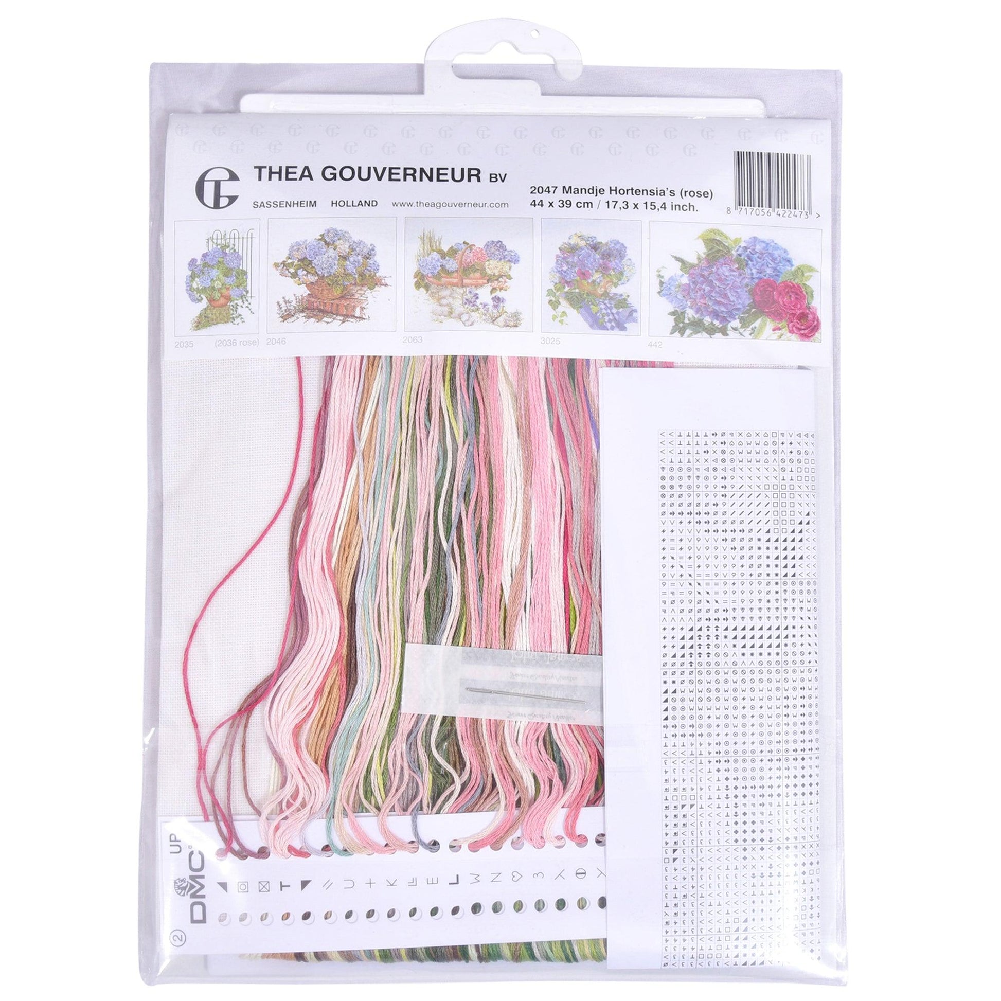 Thea Gouverneur - Counted Cross Stitch Kit - Pink Hydrangea - Linen - 32 count - 2047 - Thea Gouverneur Since 1959