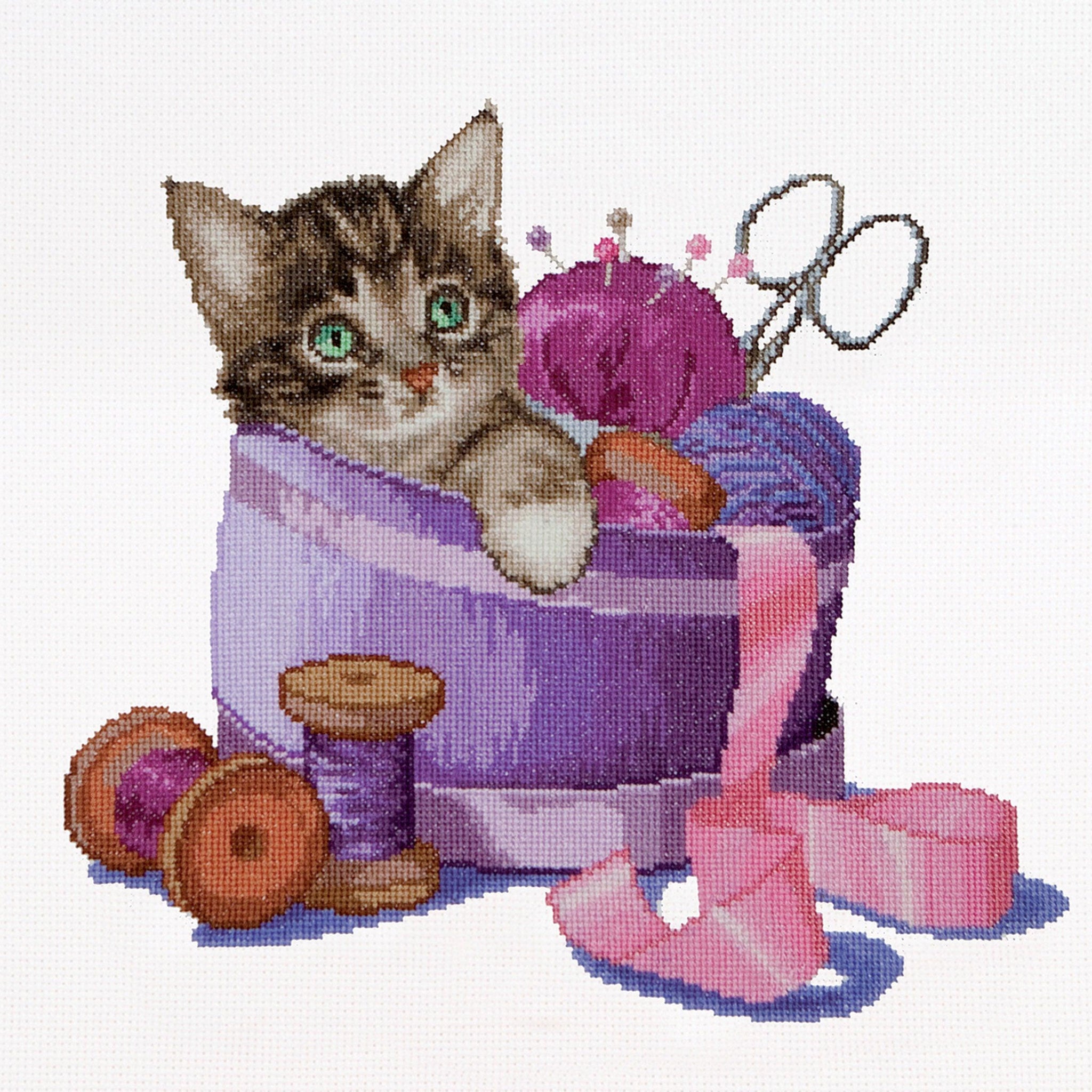 Thea Gouverneur - Counted Cross Stitch Kit - Sewing Basket Kitten - Aida - 16 count - 736A - Thea Gouverneur Since 1959