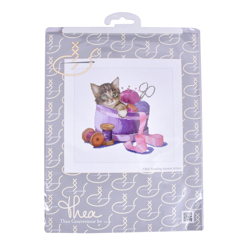 Thea Gouverneur - Counted Cross Stitch Kit - Sewing Basket Kitten - Aida - 16 count - 736A - Thea Gouverneur Since 1959