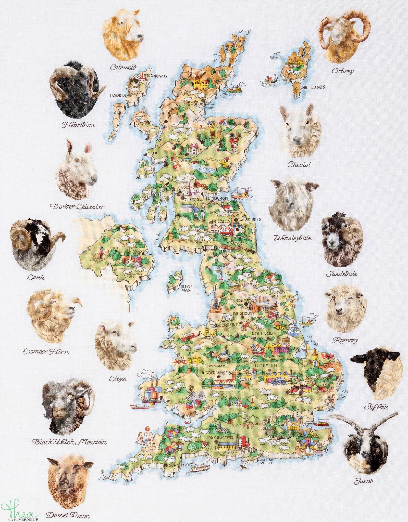 Thea Gouverneur - Counted Cross Stitch Kit - Sheep Map Of Great Britain - Aida - 18 count - 1076A - Thea Gouverneur Since 1959