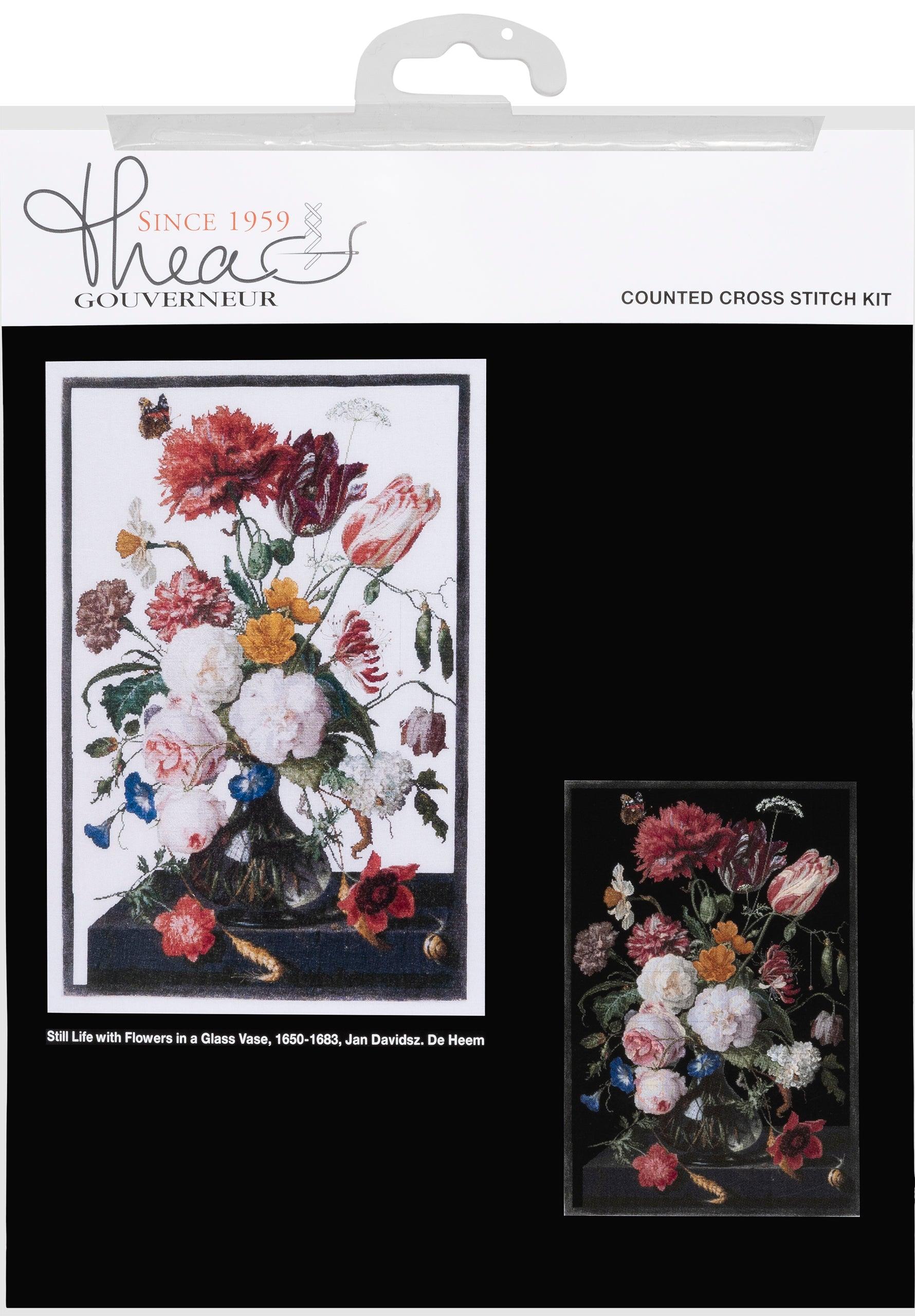 Thea Gouverneur - Counted Cross Stitch Kit - Still Life with Flowers in a glass Vase - 2 - Aida Black - 14 count - 785.07 - Thea Gouverneur Since 1959